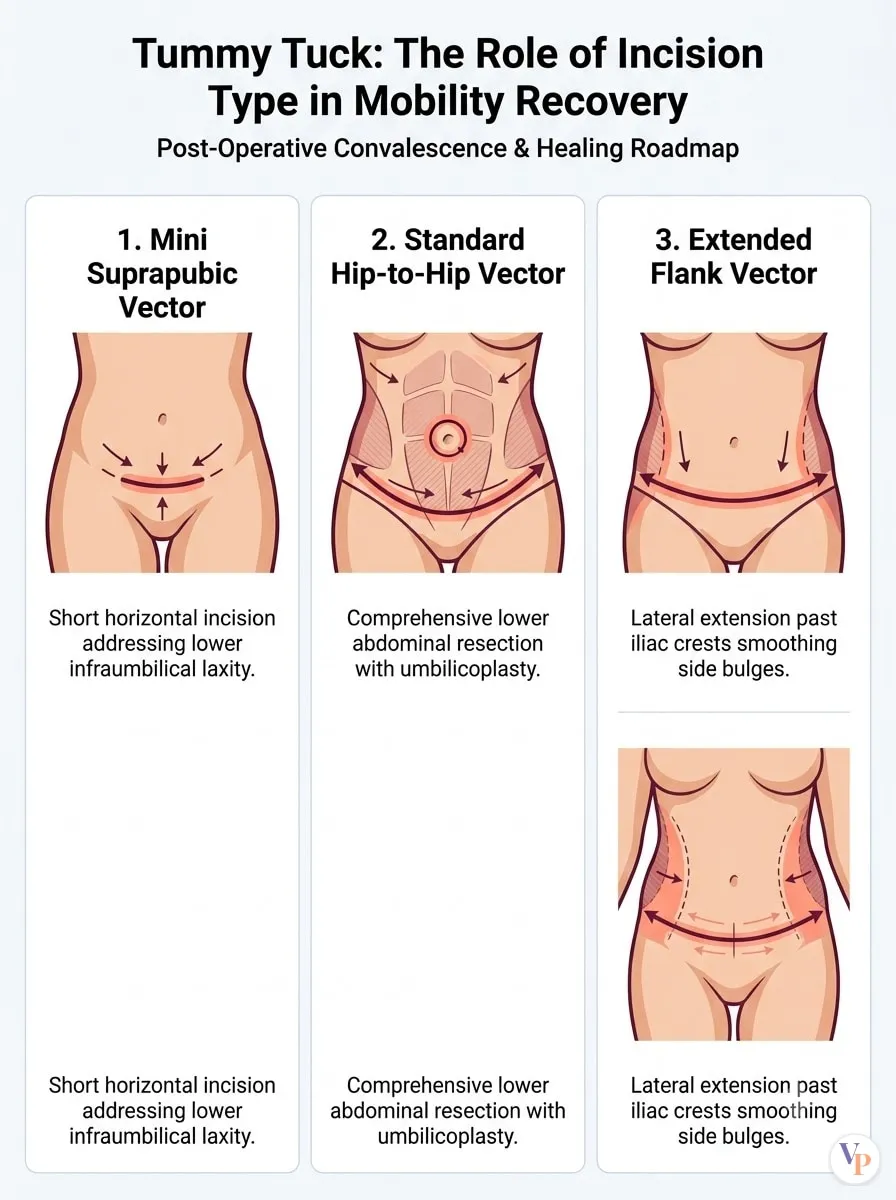 Medical schematic diagram illustrating The Role of Incision Type in Mobility Recovery in tummy tuck surgery by Dr. Vishal Purohit in Jaipur
