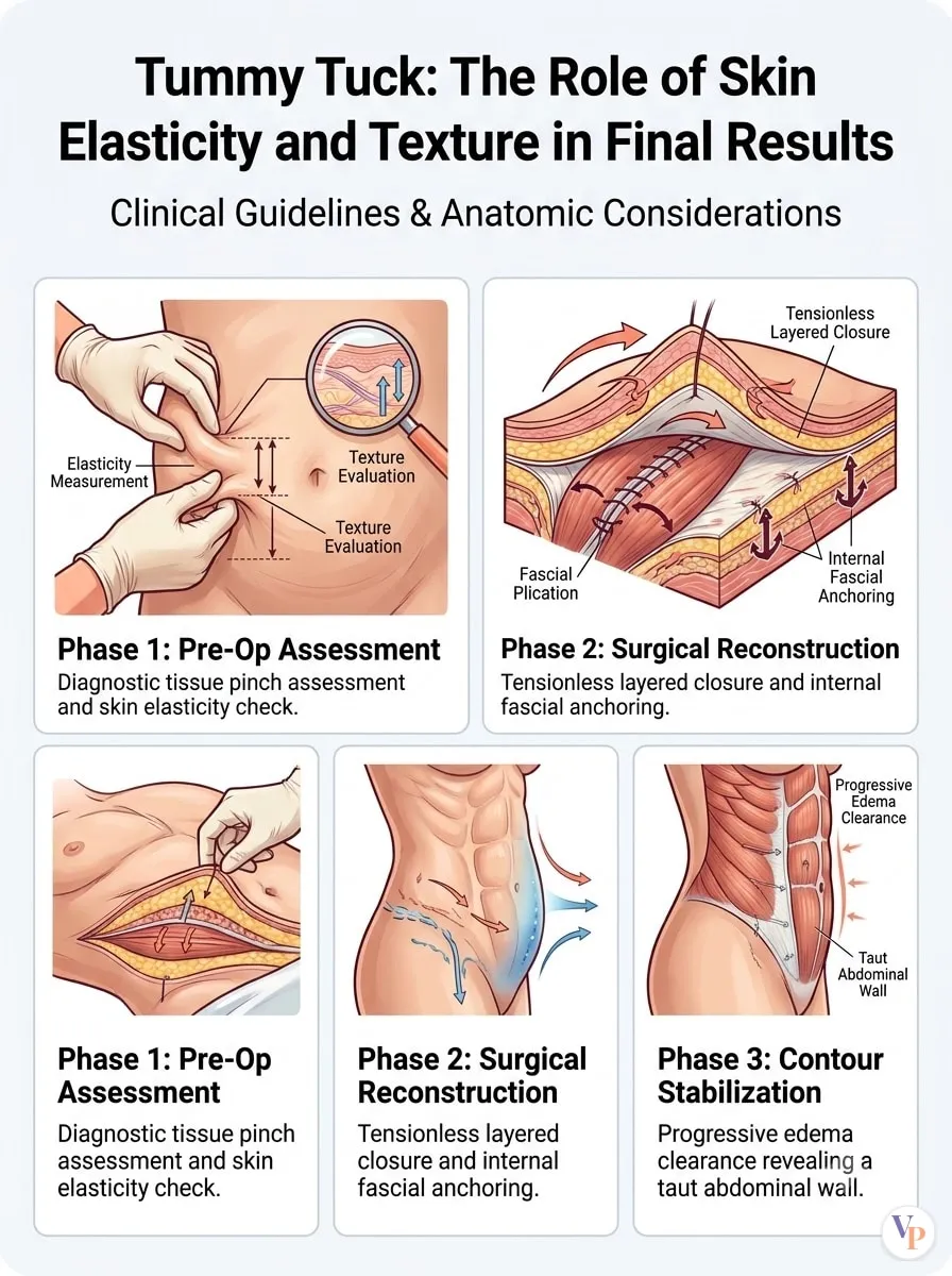 Medical schematic diagram illustrating The Role of Skin Elasticity and Texture in Final Results in tummy tuck surgery by Dr. Vishal Purohit in Jaipur