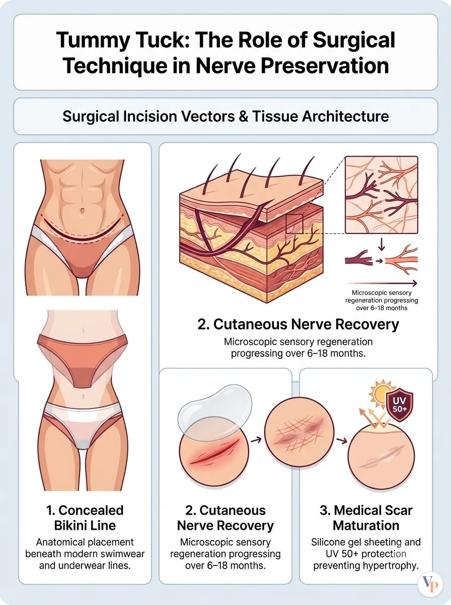 Medical schematic diagram illustrating The Role of Surgical Technique in Nerve Preservation in tummy tuck surgery by Dr. Vishal Purohit in Jaipur