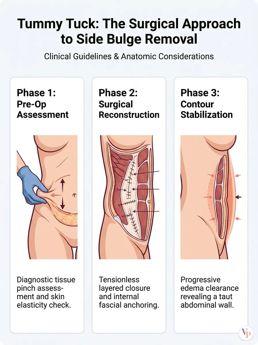 Medical schematic diagram illustrating The Surgical Approach to Side Bulge Removal in tummy tuck surgery by Dr. Vishal Purohit in Jaipur