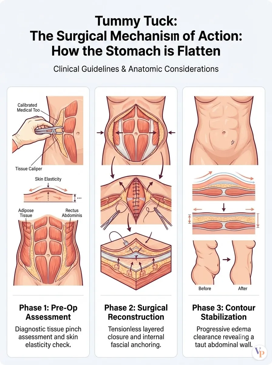 Medical schematic diagram illustrating The Surgical Mechanism of Action: How the Stomach is Flattened in tummy tuck surgery by Dr. Vishal Purohit in Jaipur
