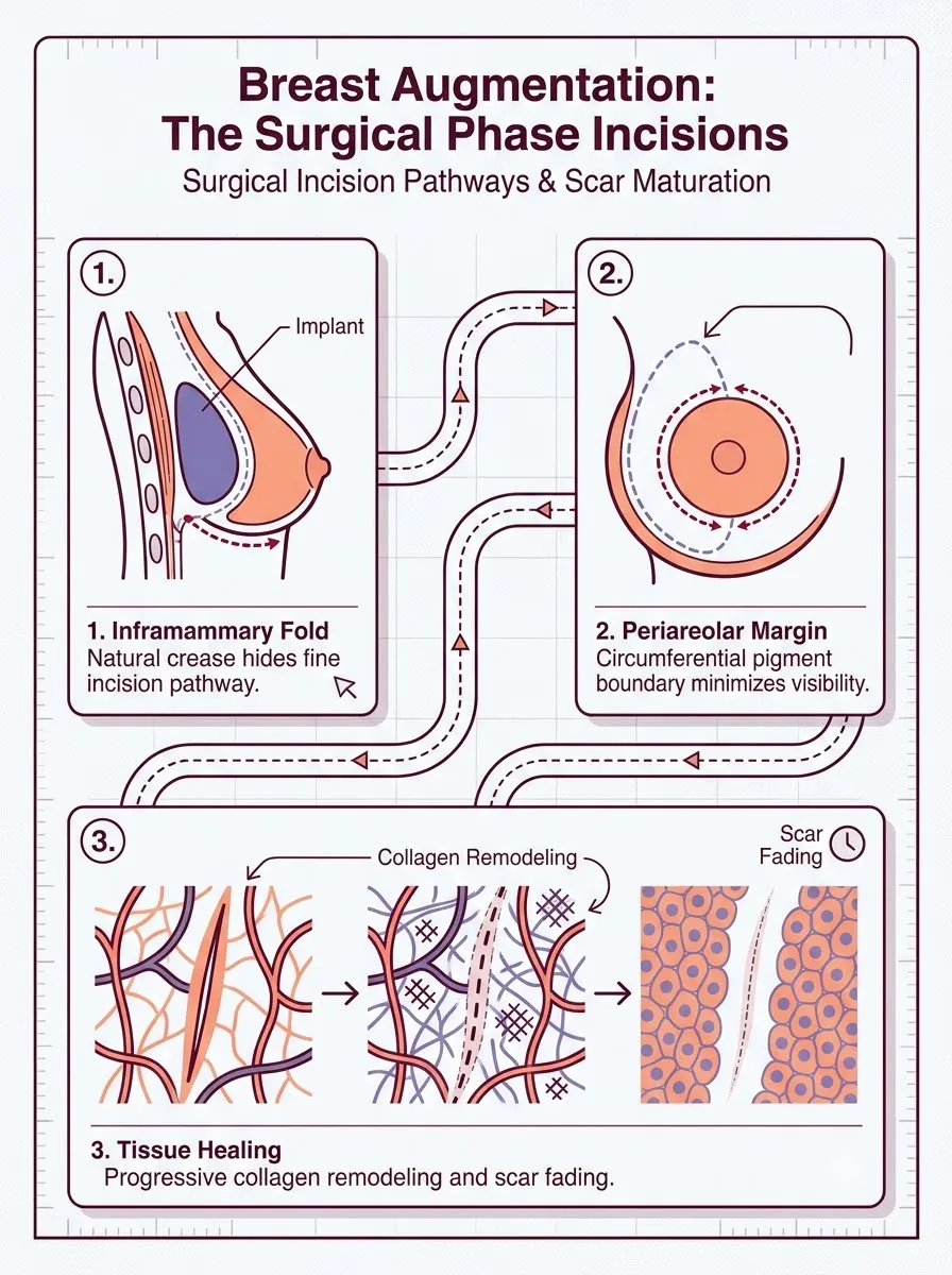 Medical schematic diagram illustrating the surgical phase: incisions and implant placement in breast augmentation surgery by Dr. Vishal Purohit in Jaipur
