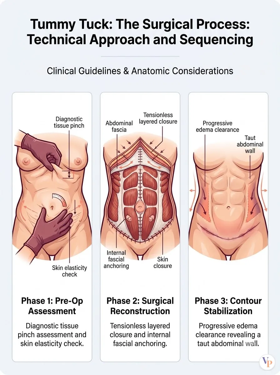 Medical schematic diagram illustrating The Surgical Process: Technical Approach and Sequencing in tummy tuck surgery by Dr. Vishal Purohit in Jaipur