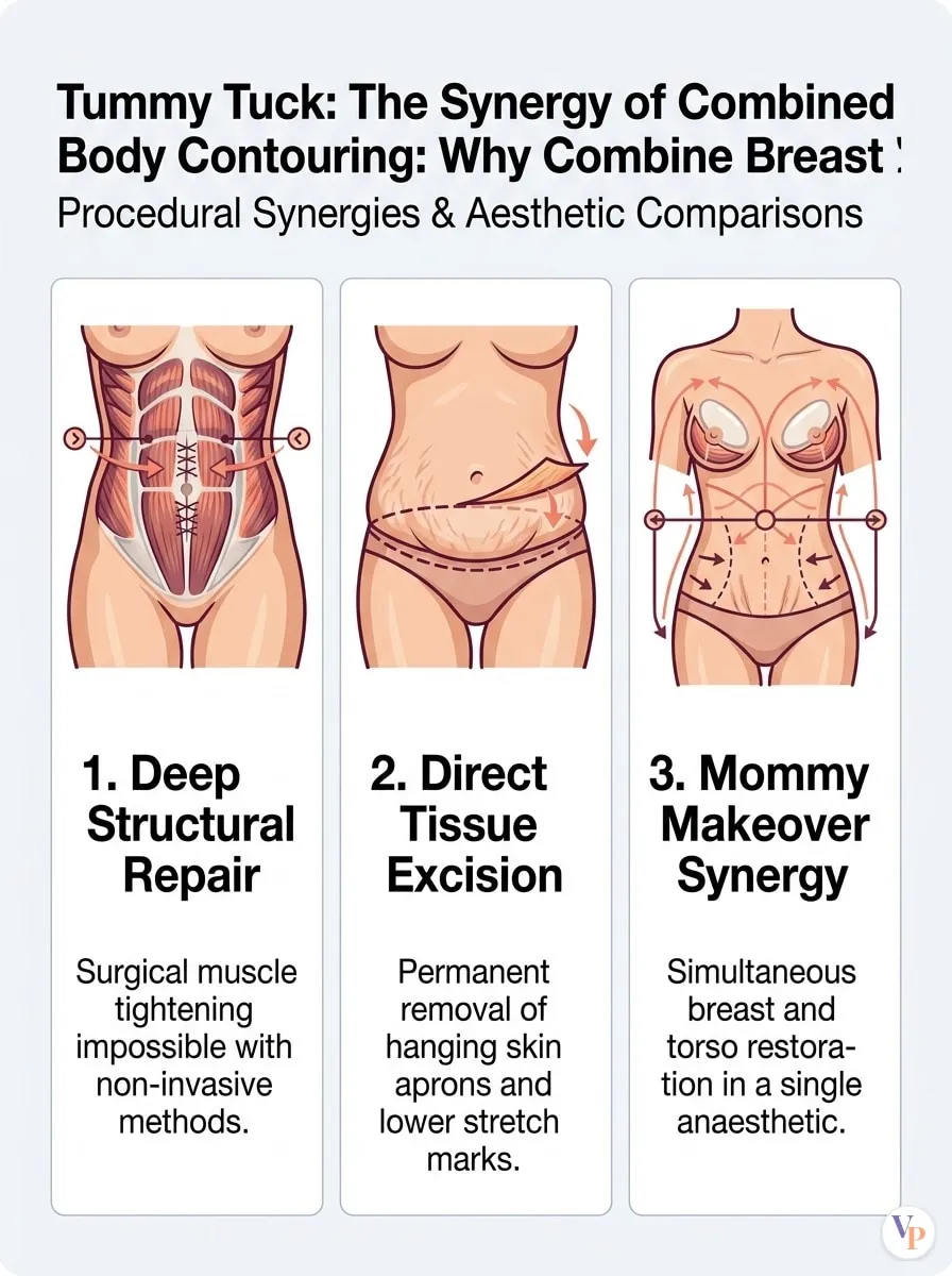 Medical schematic diagram illustrating The Synergy of Combined Body Contouring: Why Combine Breast Augmentation and a Tummy Tuck? in tummy tuck surgery by Dr. Vishal Purohit in Jaipur