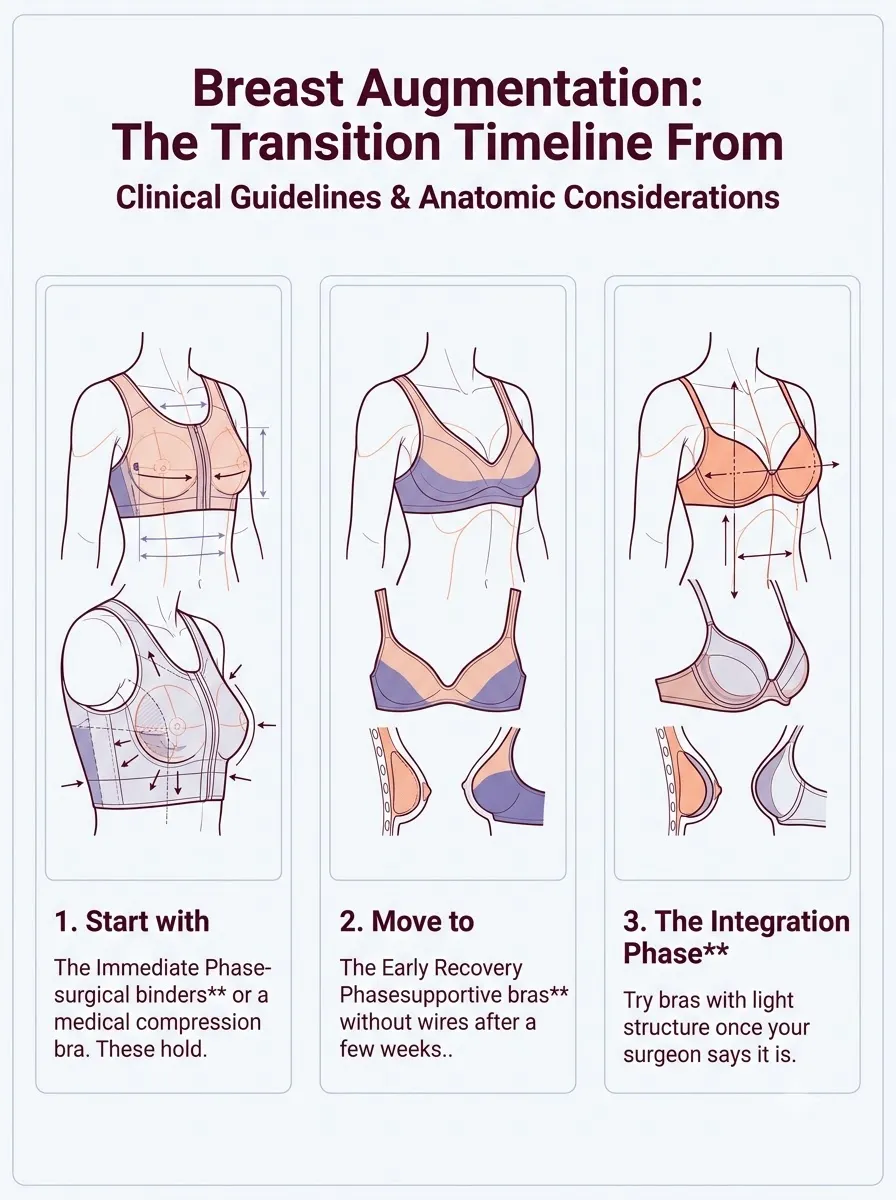Medical schematic diagram illustrating the transition timeline: from surgical bra to daily wear in breast augmentation surgery by Dr. Vishal Purohit in Jaipur