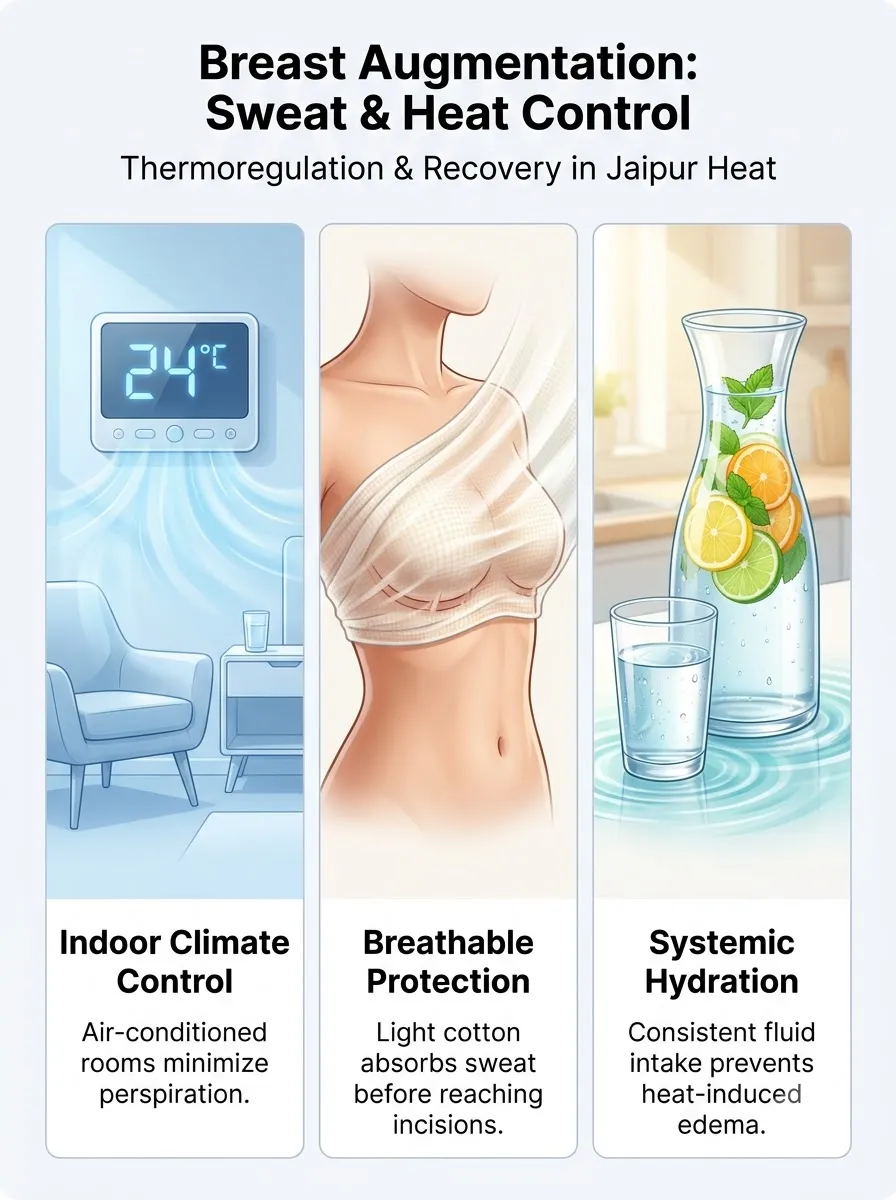 Medical schematic diagram illustrating thermoregulation and sweat management in breast augmentation surgery by Dr. Vishal Purohit in Jaipur