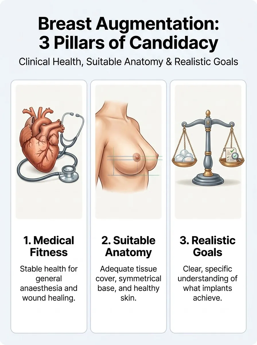 Medical schematic diagram illustrating three pillars of candidacy in breast augmentation surgery by Dr. Vishal Purohit in Jaipur