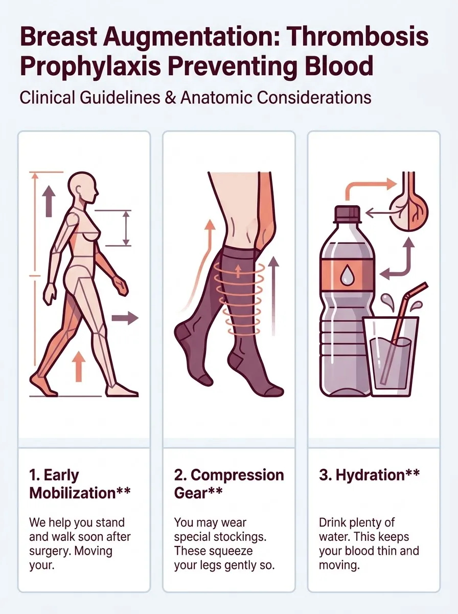 Medical schematic diagram illustrating thrombosis prophylaxis: preventing blood clots after surgery in breast augmentation surgery by Dr. Vishal Purohit in Jaipur