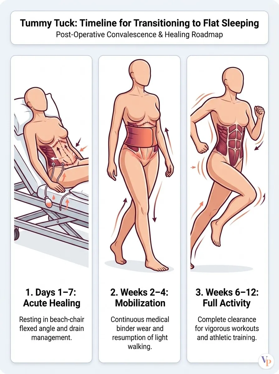 Medical schematic diagram illustrating Timeline for Transitioning to Flat Sleeping in tummy tuck surgery by Dr. Vishal Purohit in Jaipur