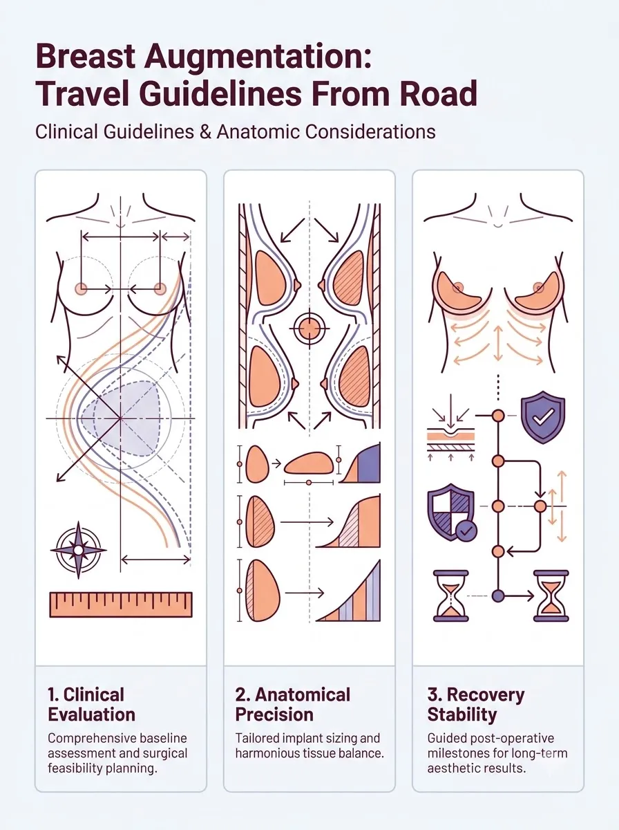 Medical schematic diagram illustrating travel guidelines: from road trips to air travel in breast augmentation surgery by Dr. Vishal Purohit in Jaipur
