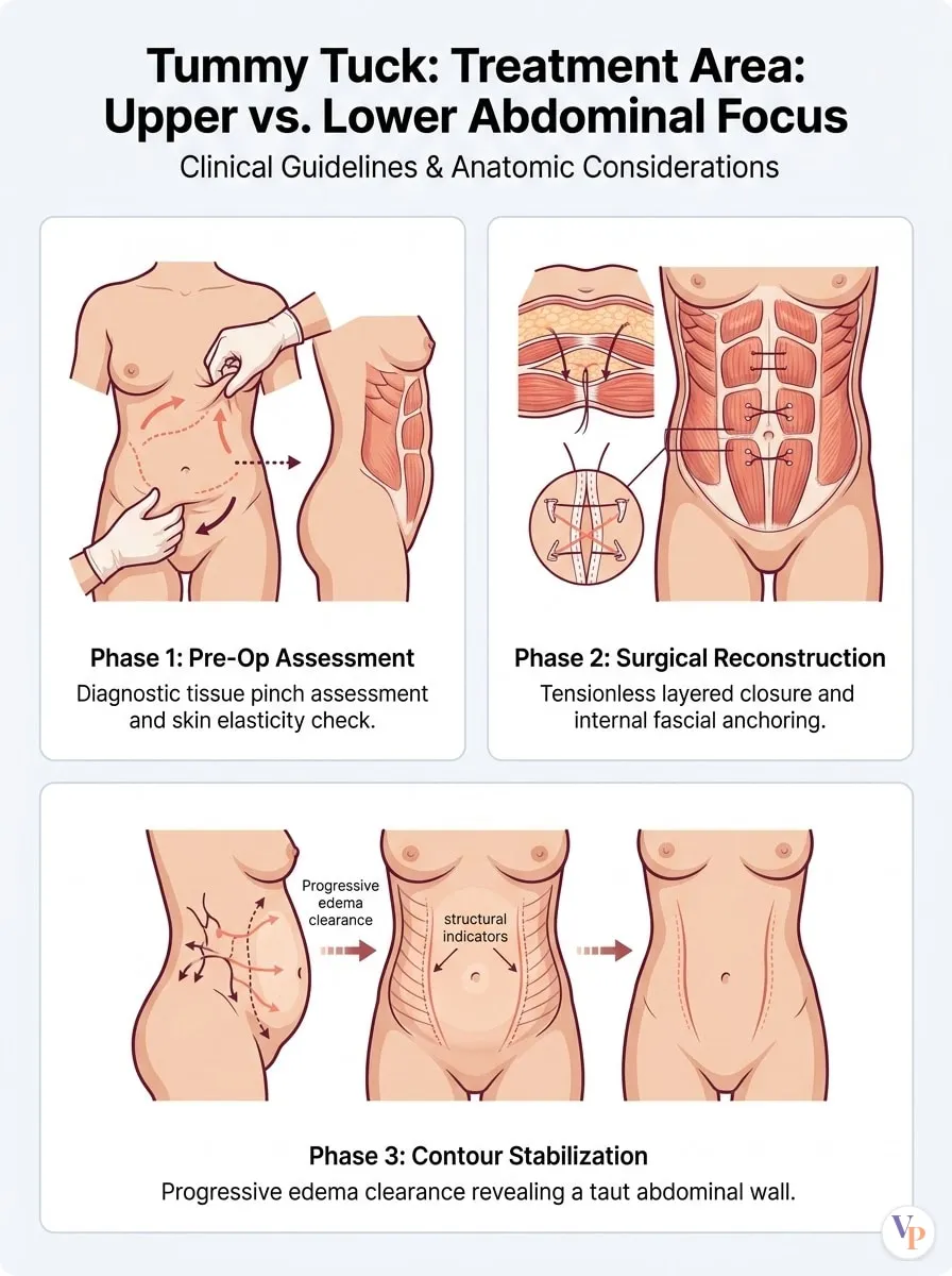 Medical schematic diagram illustrating Treatment Area: Upper vs. Lower Abdominal Focus in tummy tuck surgery by Dr. Vishal Purohit in Jaipur