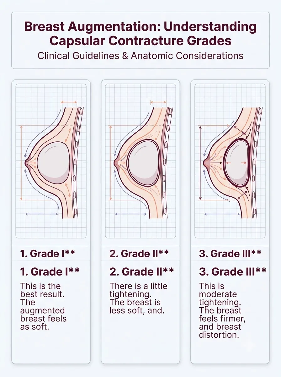 Medical schematic diagram illustrating understanding capsular contracture grades in breast augmentation surgery by Dr. Vishal Purohit in Jaipur