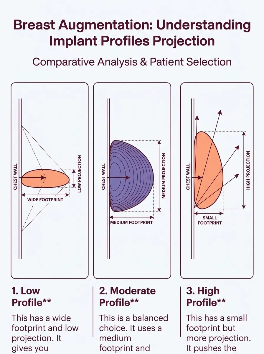 Medical schematic diagram illustrating understanding implant profiles: projection vs. footprint in breast augmentation surgery by Dr. Vishal Purohit in Jaipur