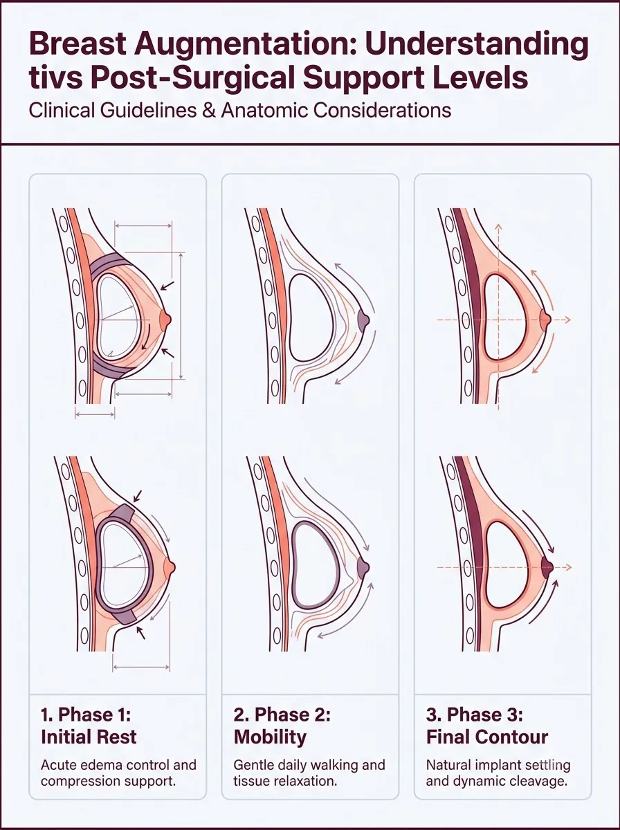 Medical schematic diagram illustrating understanding post-surgical support levels and implant stability in breast augmentation surgery by Dr. Vishal Purohit in Jaipur