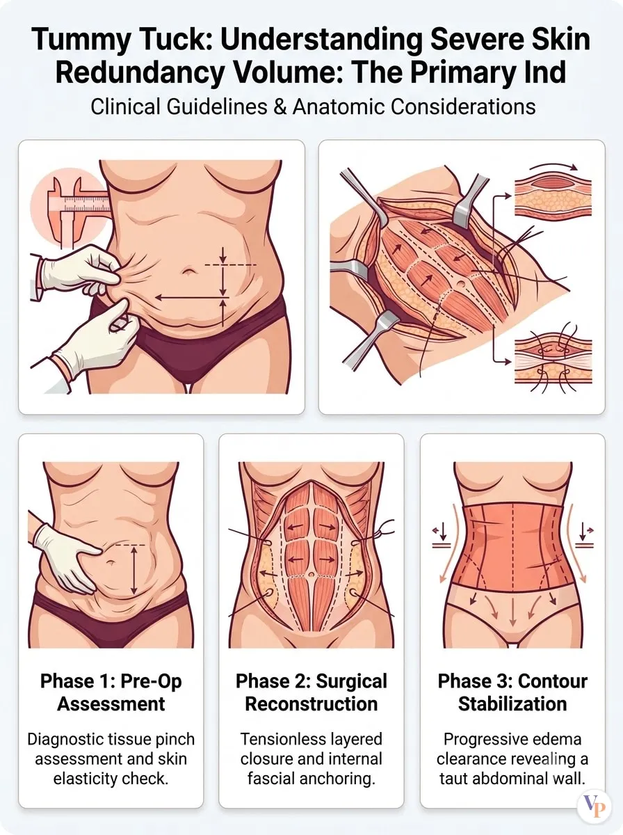 Medical schematic diagram illustrating Understanding Severe Skin Redundancy Volume: The Primary Indicator in tummy tuck surgery by Dr. Vishal Purohit in Jaipur
