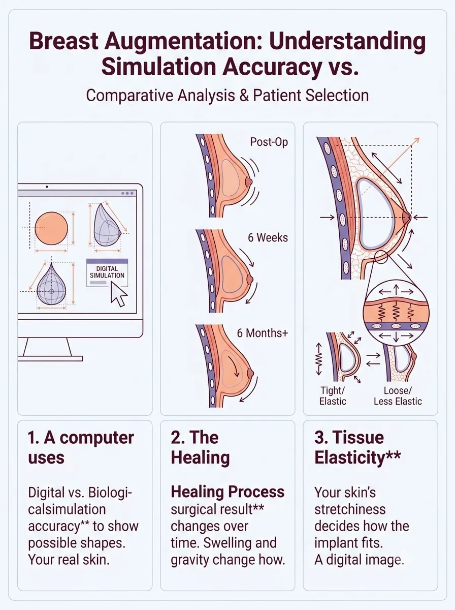 Medical schematic diagram illustrating understanding simulation accuracy vs. actual surgical outcomes in breast augmentation surgery by Dr. Vishal Purohit in Jaipur