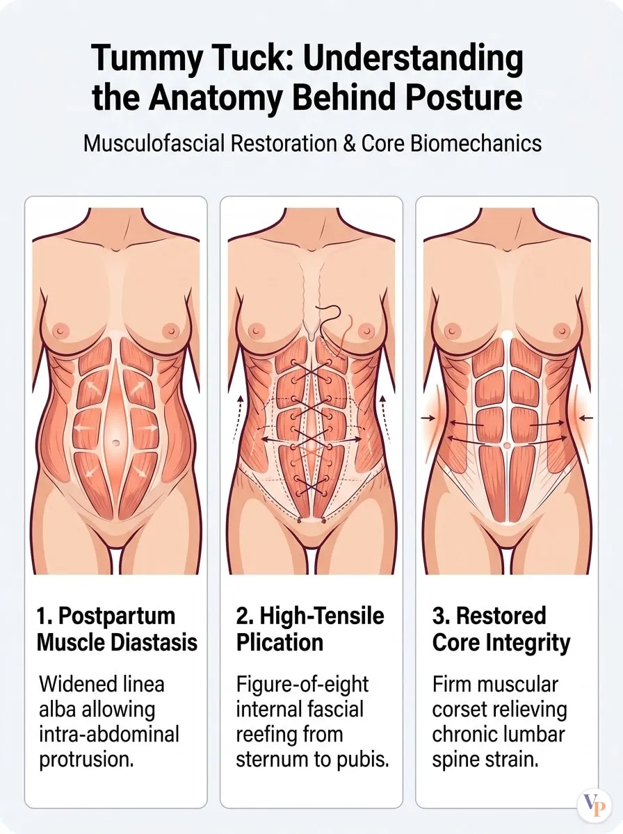 Medical schematic diagram illustrating Understanding the Anatomy Behind Posture in tummy tuck surgery by Dr. Vishal Purohit in Jaipur