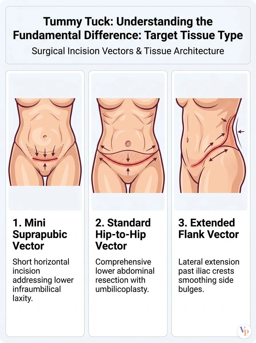 Medical schematic diagram illustrating Understanding the Fundamental Difference: Target Tissue Type in tummy tuck surgery by Dr. Vishal Purohit in Jaipur
