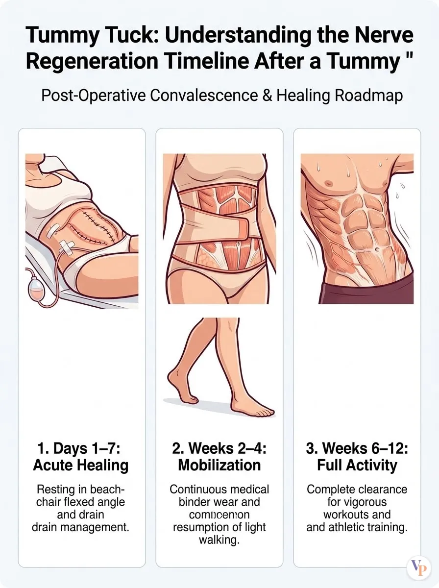 Medical schematic diagram illustrating Understanding the Nerve Regeneration Timeline After a Tummy Tuck in tummy tuck surgery by Dr. Vishal Purohit in Jaipur