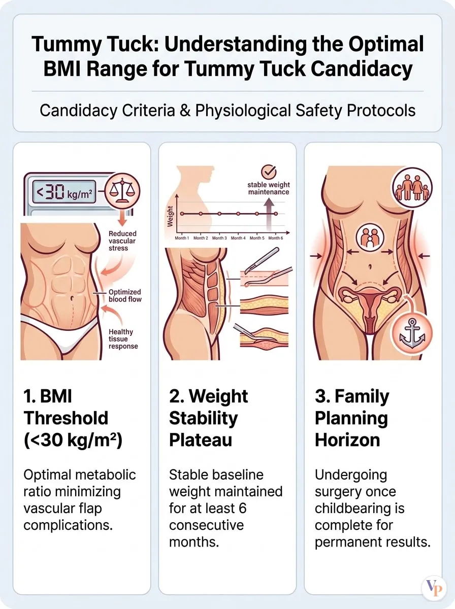 Medical schematic diagram illustrating Understanding the Optimal BMI Range for Tummy Tuck Candidacy in tummy tuck surgery by Dr. Vishal Purohit in Jaipur