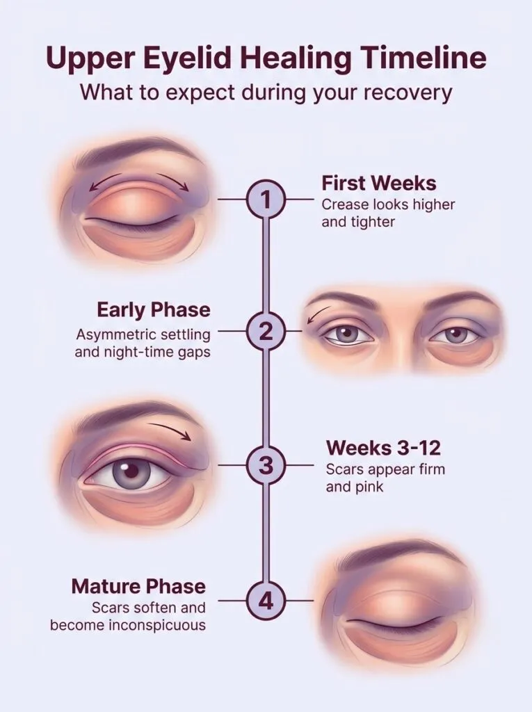 Upper blepharoplasty healing timeline showing recovery phases from initial weeks to mature results.