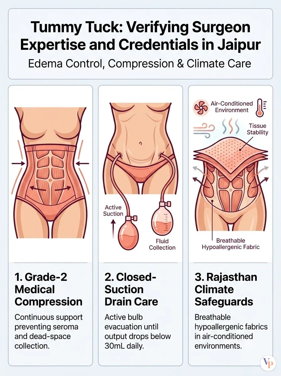 Medical schematic diagram illustrating Verifying Surgeon Expertise and Credentials in Jaipur in tummy tuck surgery by Dr. Vishal Purohit in Jaipur