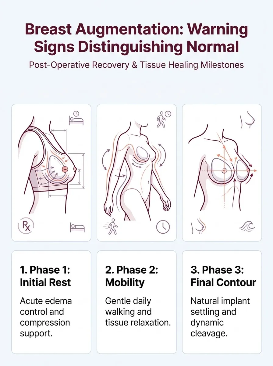 Medical schematic diagram illustrating warning signs: distinguishing normal recovery from complications in breast augmentation surgery by Dr. Vishal Purohit in Jaipur