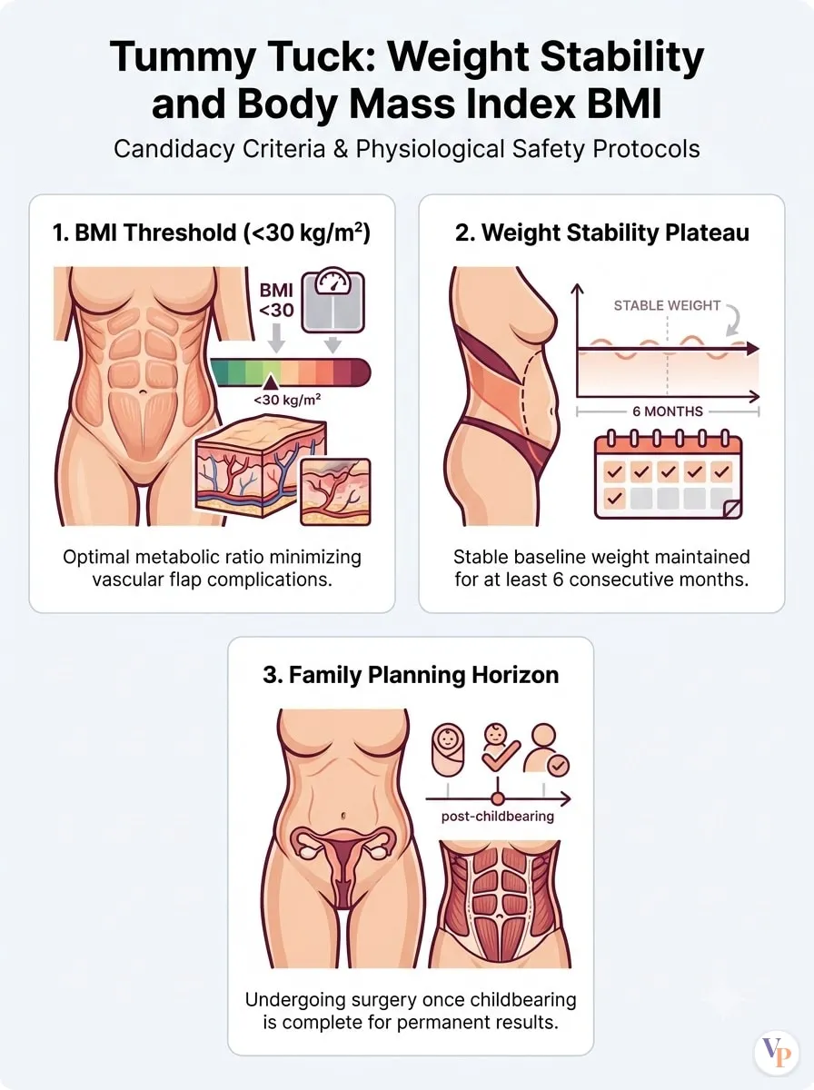 Medical schematic diagram illustrating Weight Stability and Body Mass Index (BMI) in tummy tuck surgery by Dr. Vishal Purohit in Jaipur