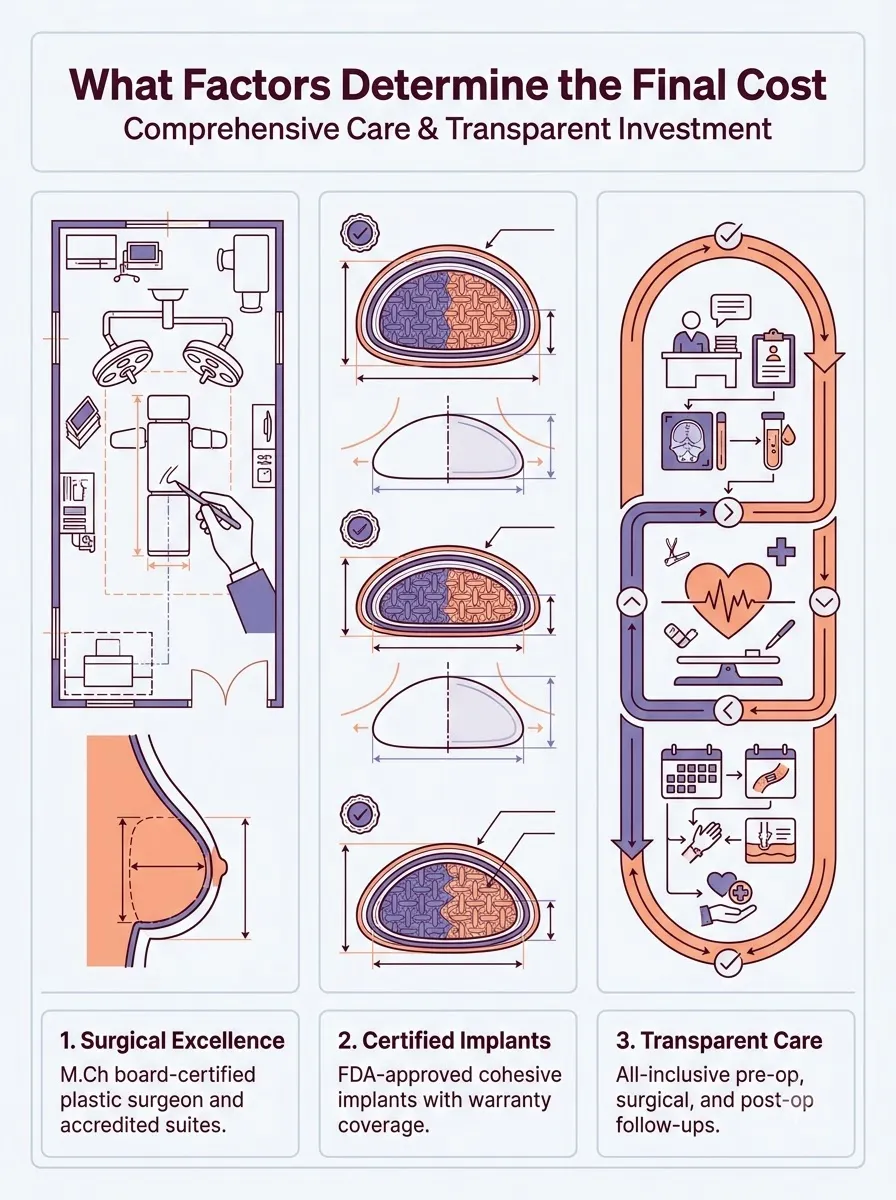 Medical schematic diagram illustrating what factors determine the final cost of breast augmentation at kalpana aesthetics? in breast augmentation surgery by Dr. Vishal Purohit in Jaipur