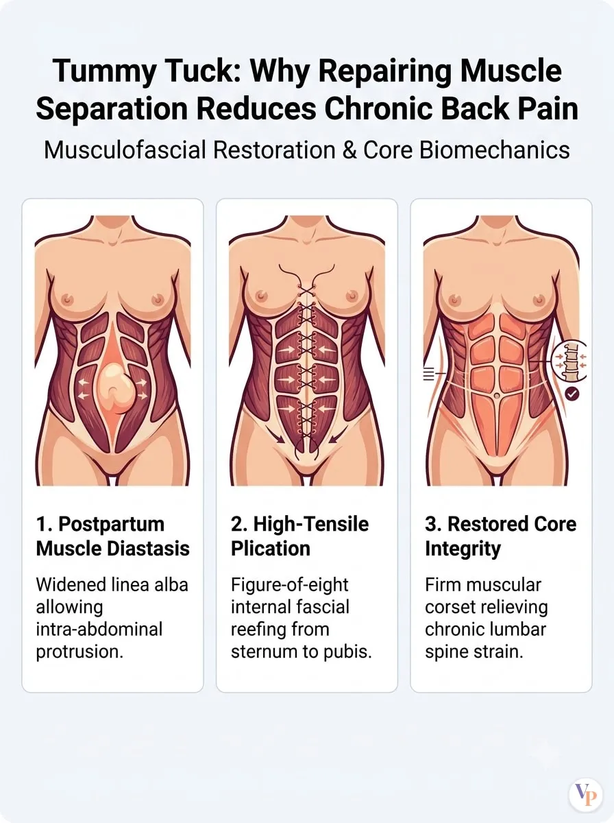 Medical schematic diagram illustrating Why Repairing Muscle Separation Reduces Chronic Back Pain in tummy tuck surgery by Dr. Vishal Purohit in Jaipur