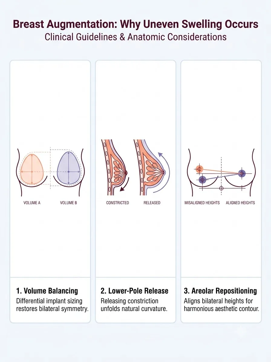 Medical schematic diagram illustrating why uneven swelling occurs in breast augmentation surgery by Dr. Vishal Purohit in Jaipur