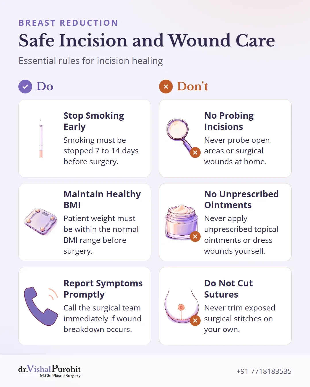 Checklist of safe wound care practices and things to avoid after breast reduction.