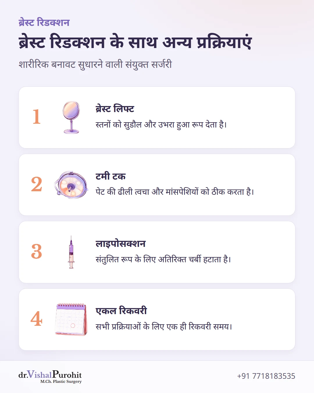 ब्रेस्ट रिडक्शन के साथ की जाने वाली सामान्य प्रक्रियाओं की सूची।