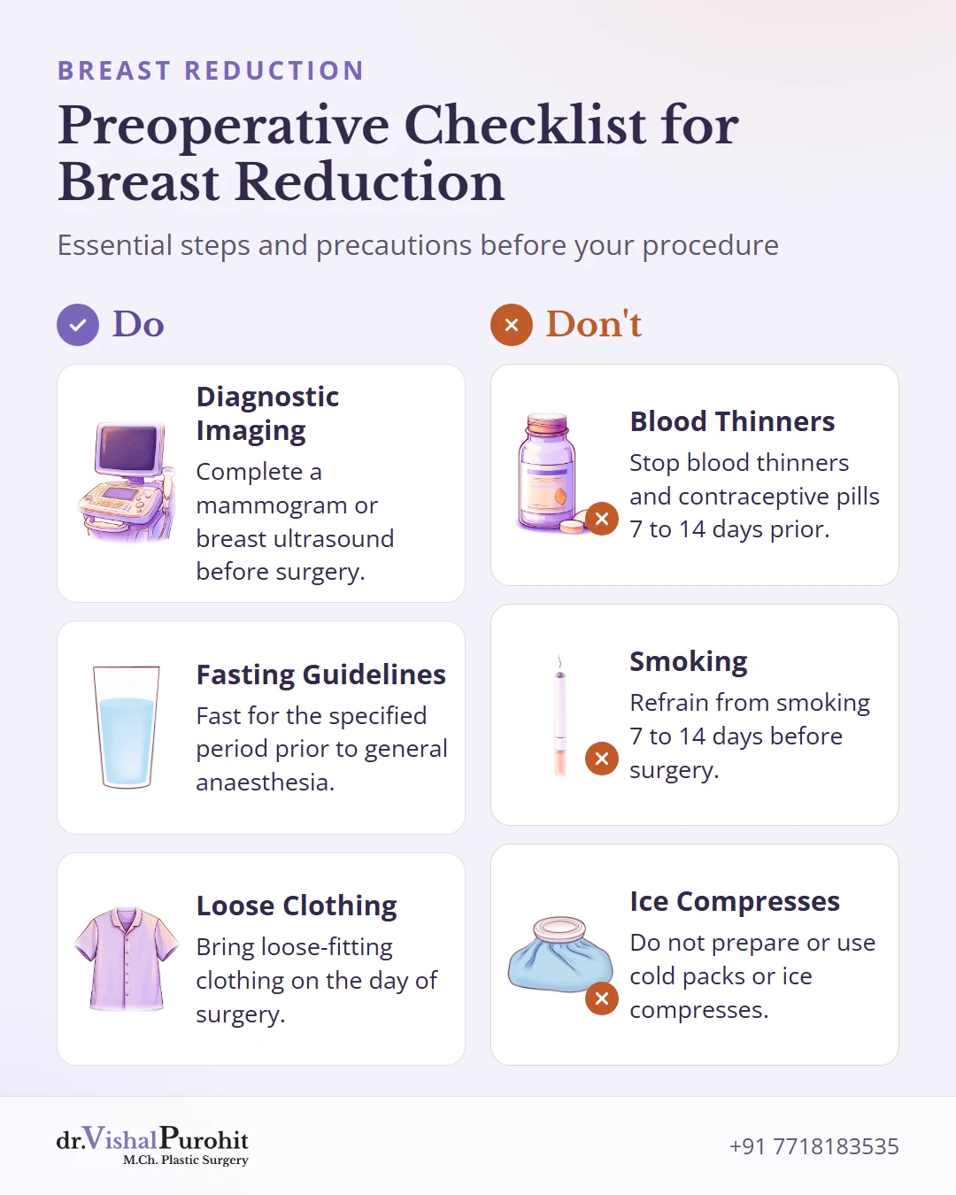 Checklist detailing what to do and avoid before breast reduction surgery.