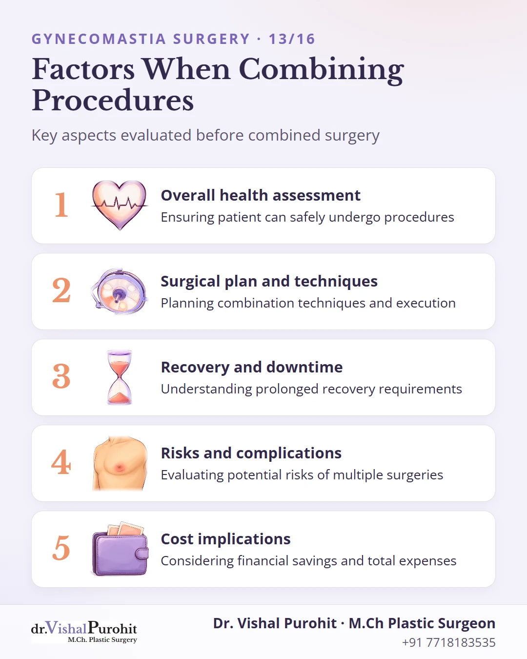 Five factors to evaluate when combining gynecomastia surgery with other procedures.