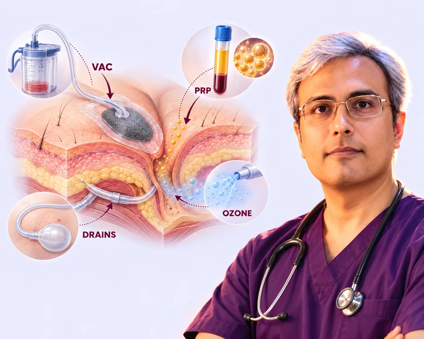उन्नत घाव देखभाल इन्फोग्राफिक — डॉक्टर सहित जटिल पिलोनिडल सर्जिकल घाव भरने की तकनीकें