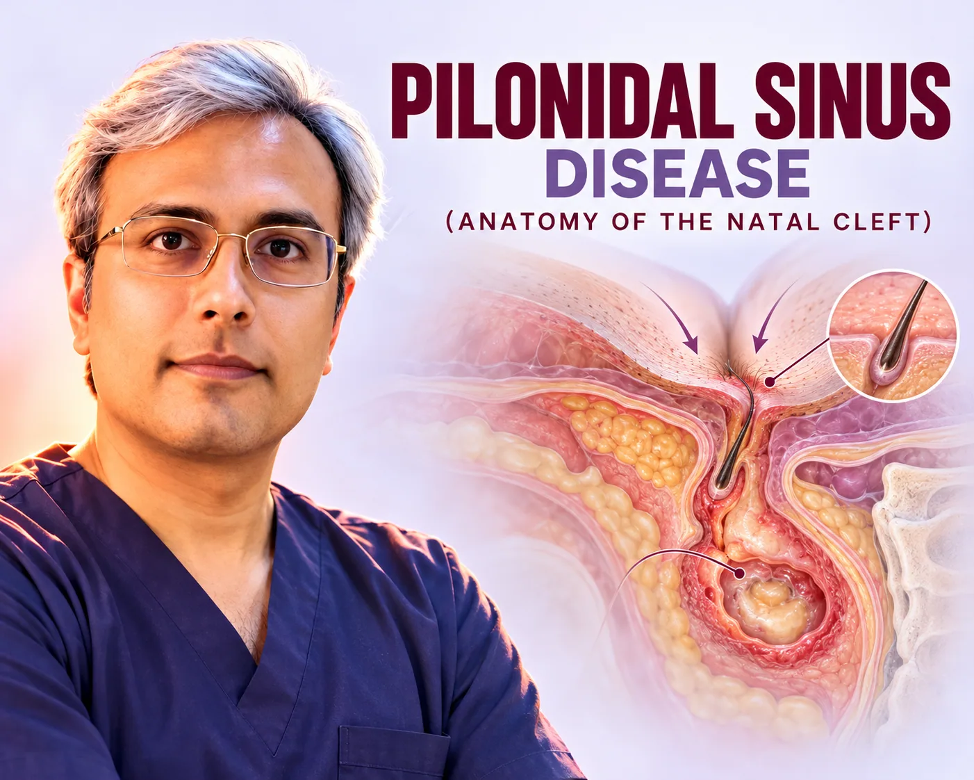 नटल क्लेफ्ट का क्रॉस-सेक्शनल चित्रण जिसमें त्वचा में घुसता बाल, मवाद से भरा साइनस ट्रैक्ट और बाल कूप की बड़ी तस्वीर दिखती है