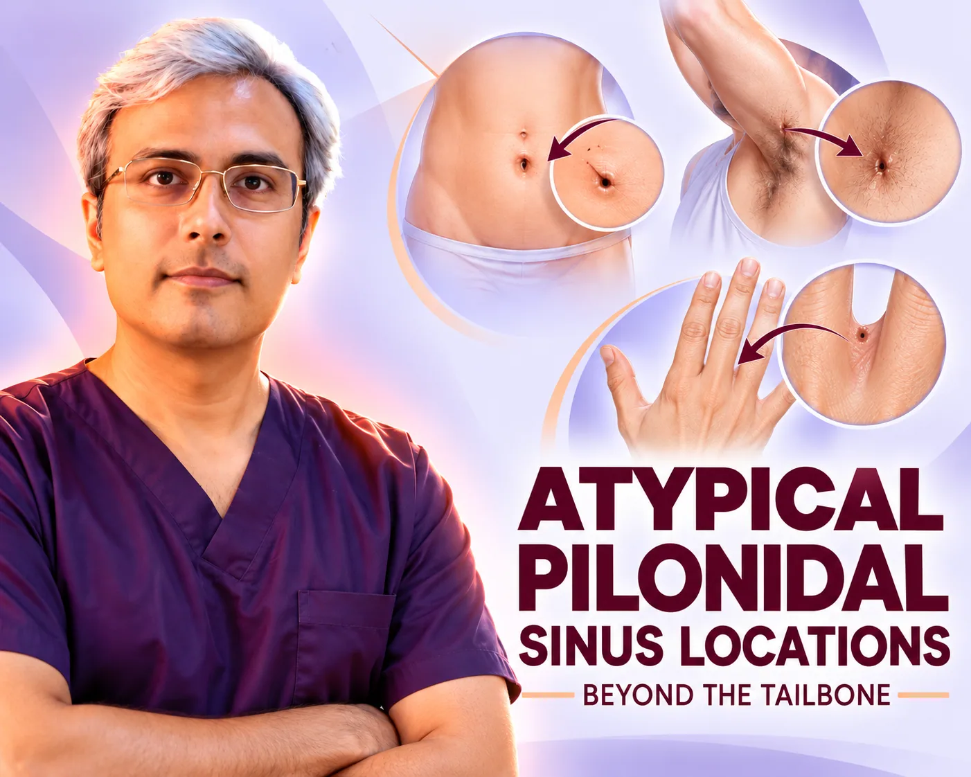 तीन शारीरिक स्थानों की बड़ी तस्वीरें — कमर पर, बगल की तह में और उंगलियों के बीच — छोटे त्वचा-छिद्र को दिखाती हुईं
