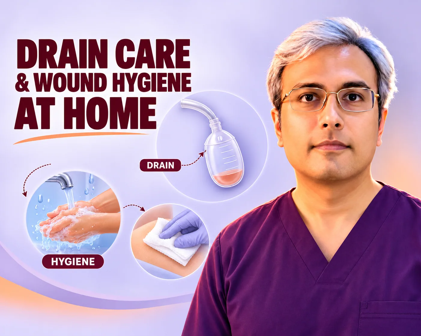 पिलोनिडल फ्लैप सर्जरी के बाद घर पर ड्रेन देखभाल व घाव स्वच्छता दर्शाता चित्र