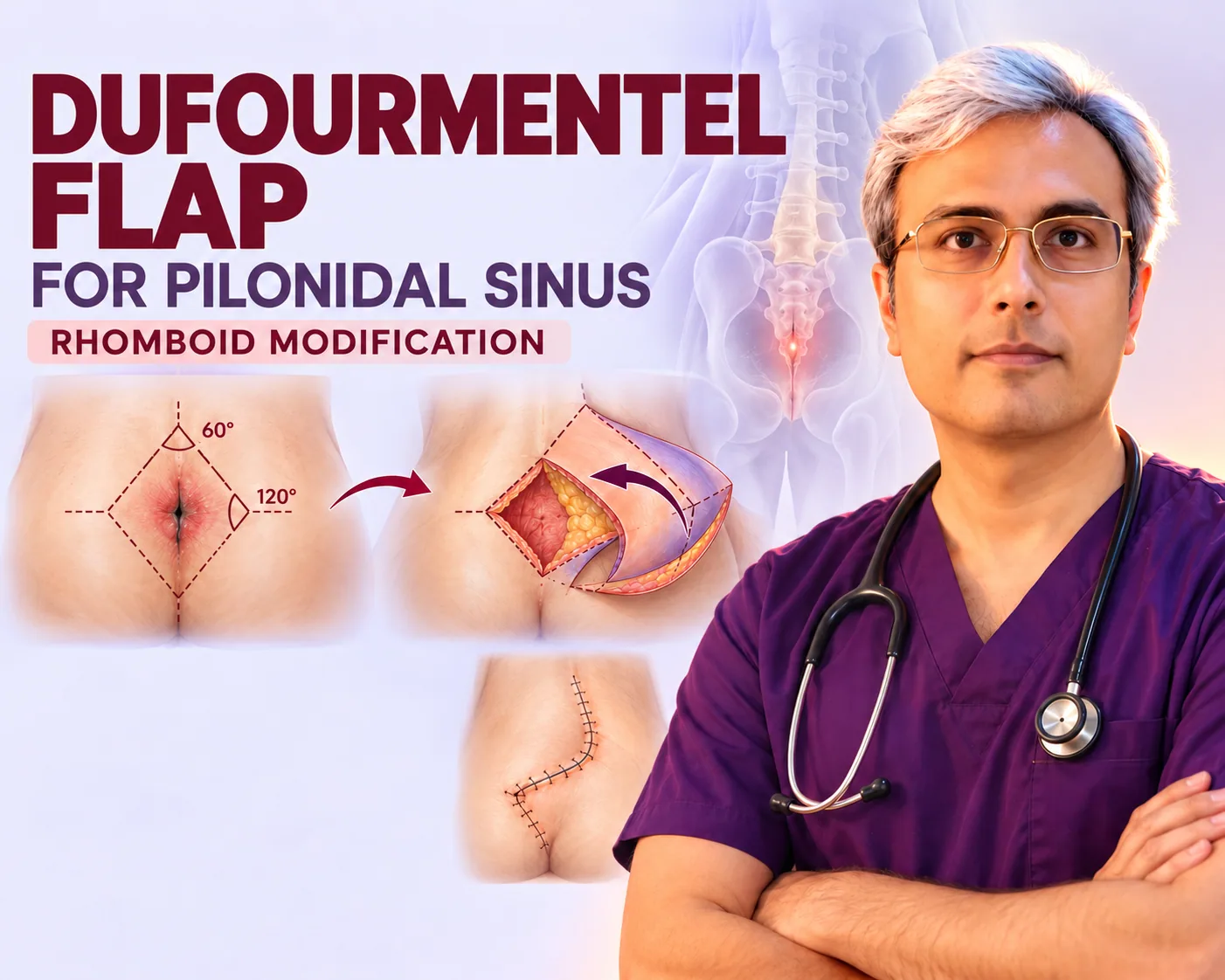 डुफोरमेंटल रॉम्बॉइड फ्लैप चित्रण — 60 और 120 डिग्री के निशान, घाव में स्थानांतरित फ्लैप और अंत में Y-आकार की टांक लाइन