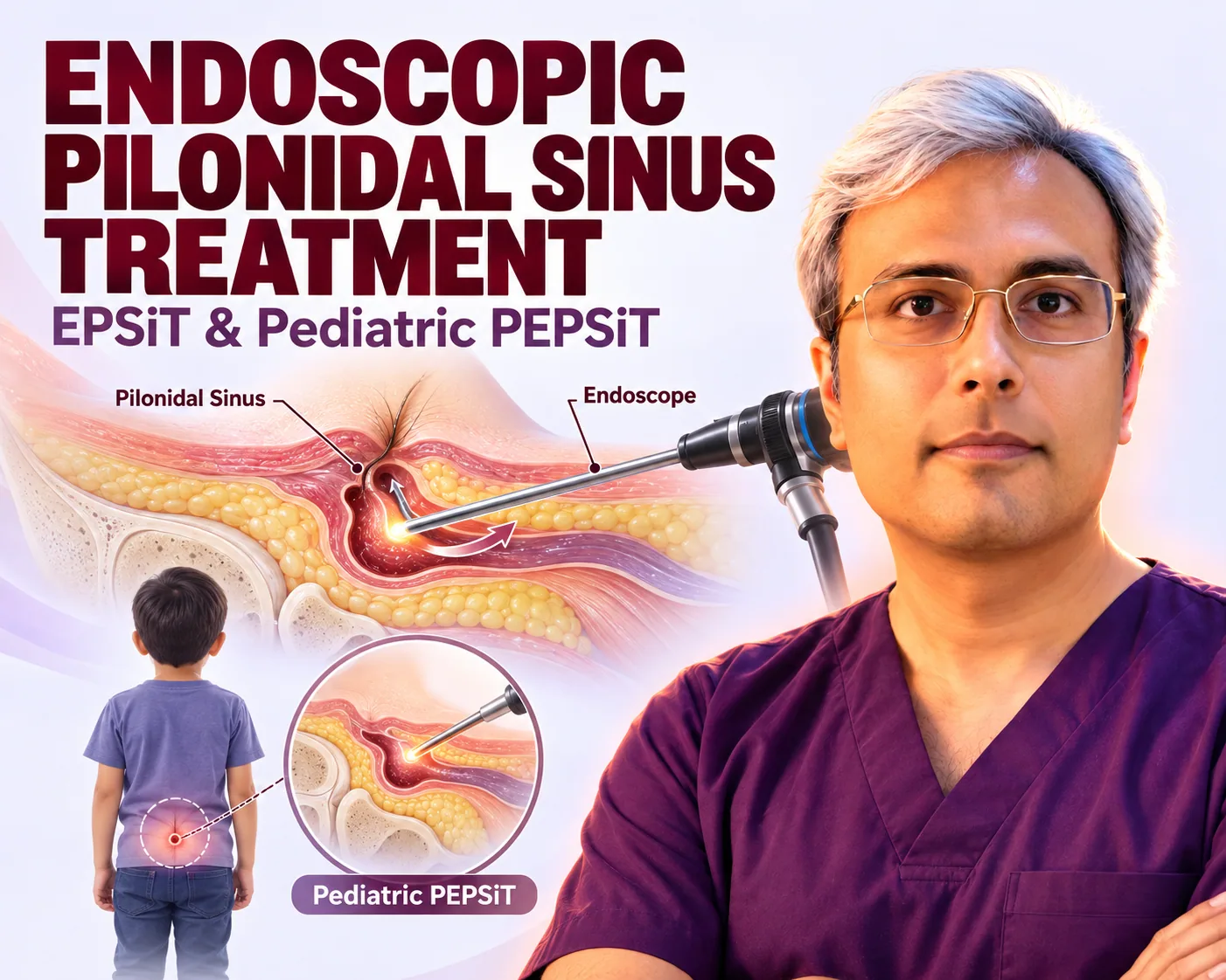 पिलोनिडल साइनस का क्रॉस-सेक्शन जिसमें एंडोस्कोप डालकर अंदर से रोशनी की जा रही है, साथ ही बच्चे में वही तकनीक दिखाने वाला पीडियाट्रिक PEPSiT इनसेट