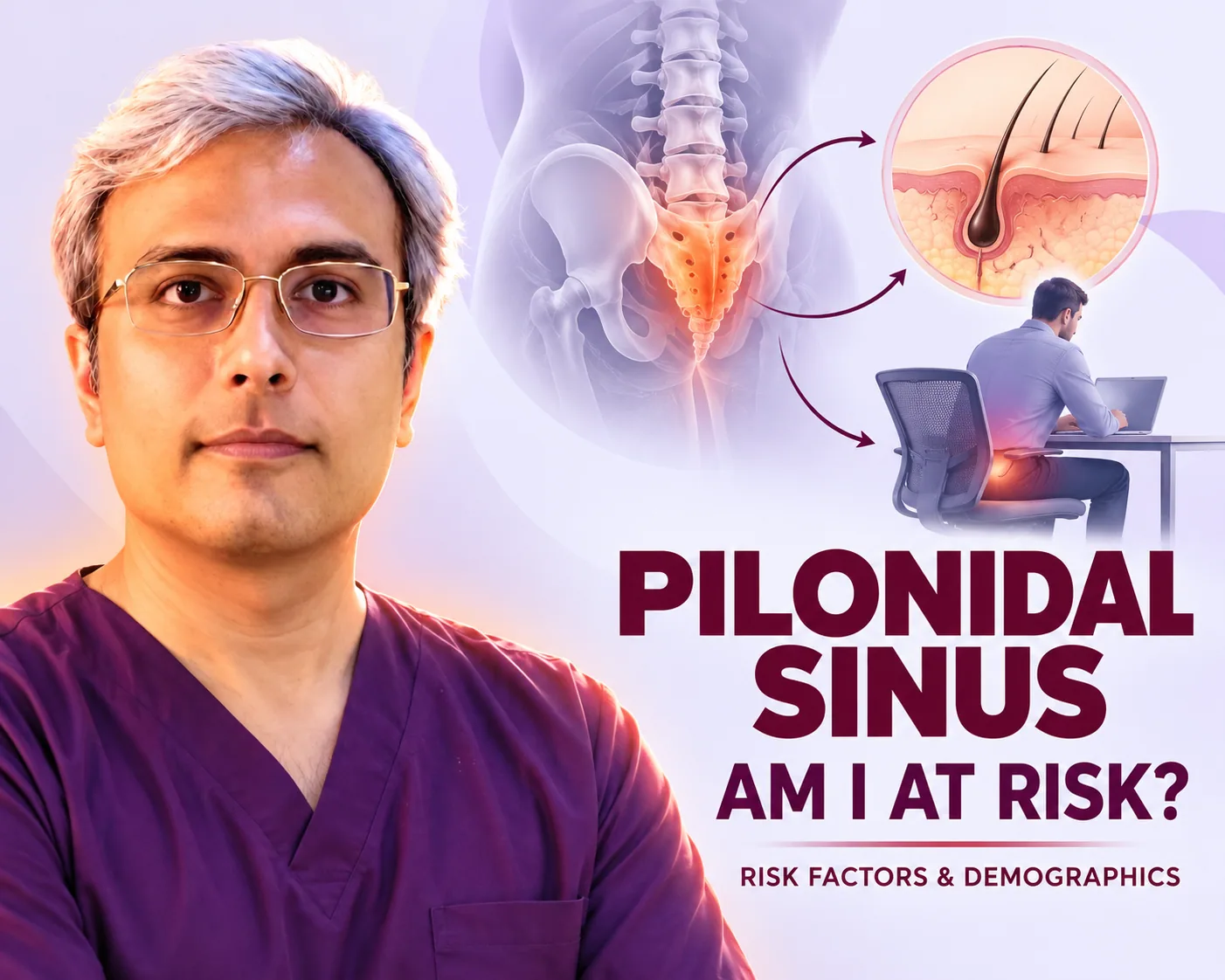 जोखिम कारक इन्फोग्राफिक — चमकता हुआ त्रिकास्थि, त्वचा में बाल घुसते दिखाने वाली बड़ी तस्वीर और बैठे कर्मचारी के कूल्हों पर लाल चमक