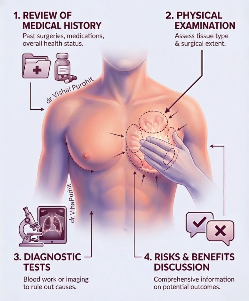 Infographic illustrating the four-step process for gynecomastia diagnosis and consultation, including physical examination.