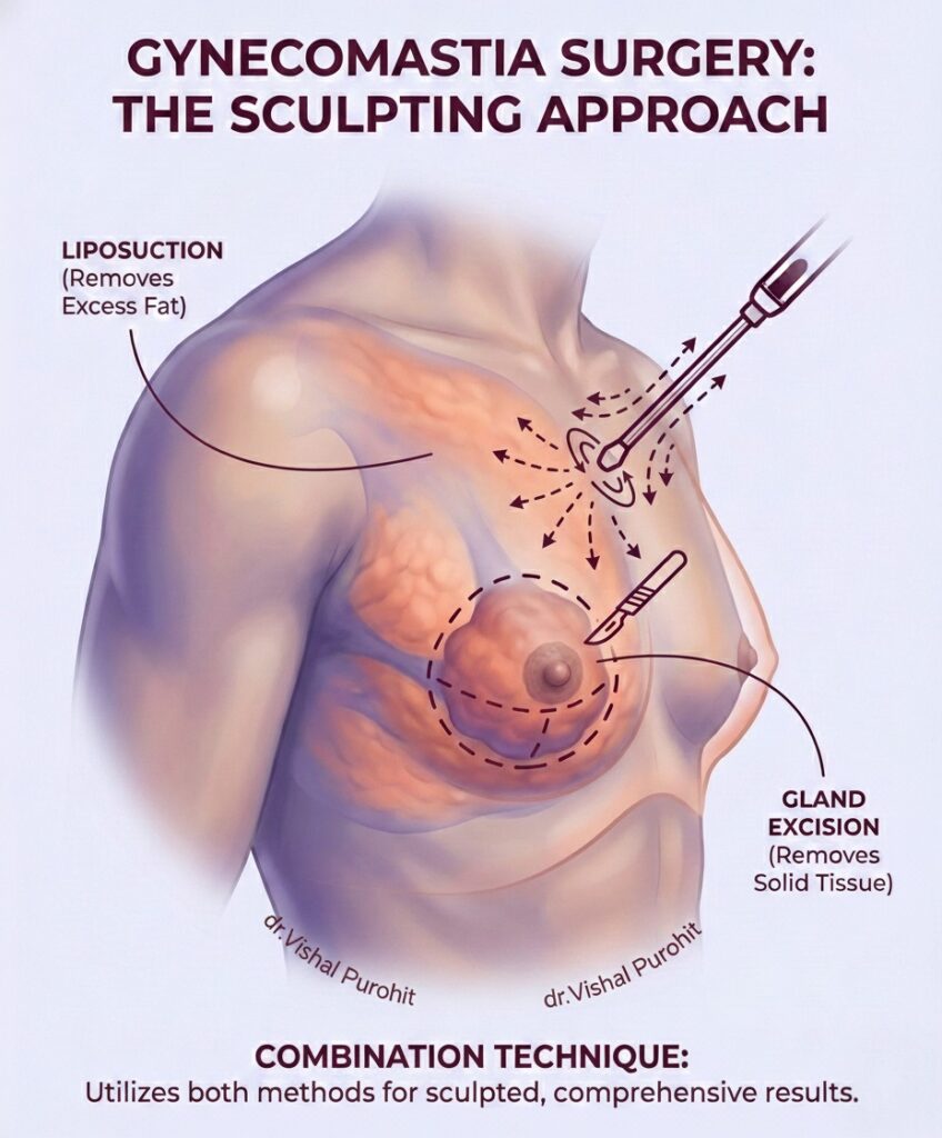 Gynecomastia surgery infographic illustrating combination technique of liposuction and gland excision for male chest sculpting.
