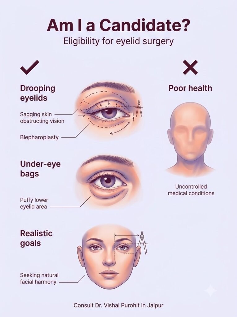 Blepharoplasty eligibility guide for drooping eyelids and under-eye bags by Dr. Vishal Purohit.