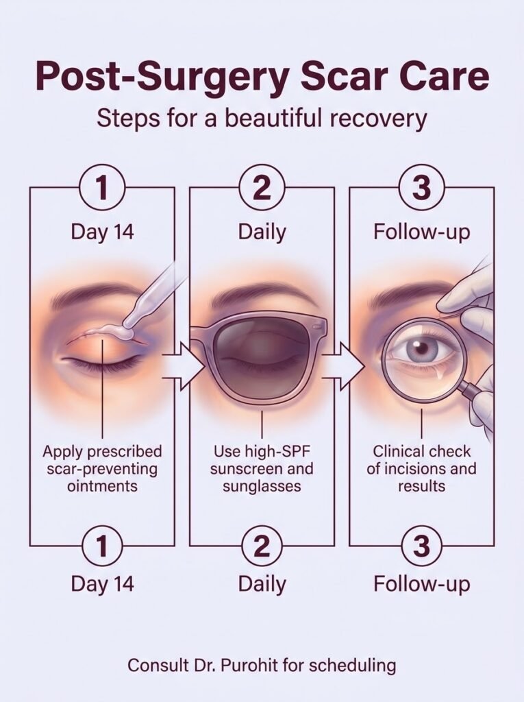 Essential post-surgery scar care steps for blepharoplasty recovery by Dr. Vishal Purohit.