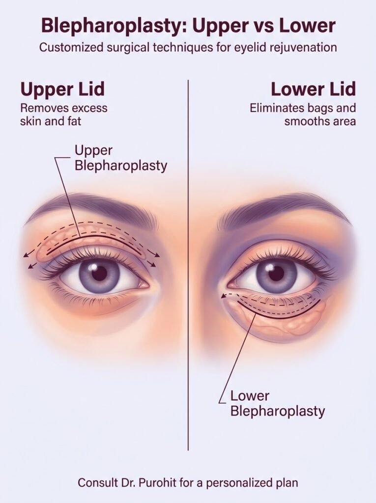 Upper and lower blepharoplasty comparison for excess skin removal and under-eye bag elimination.