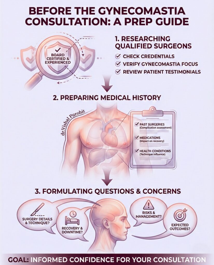 Infographic guide for male gynecomastia consultation preparation steps and questions.