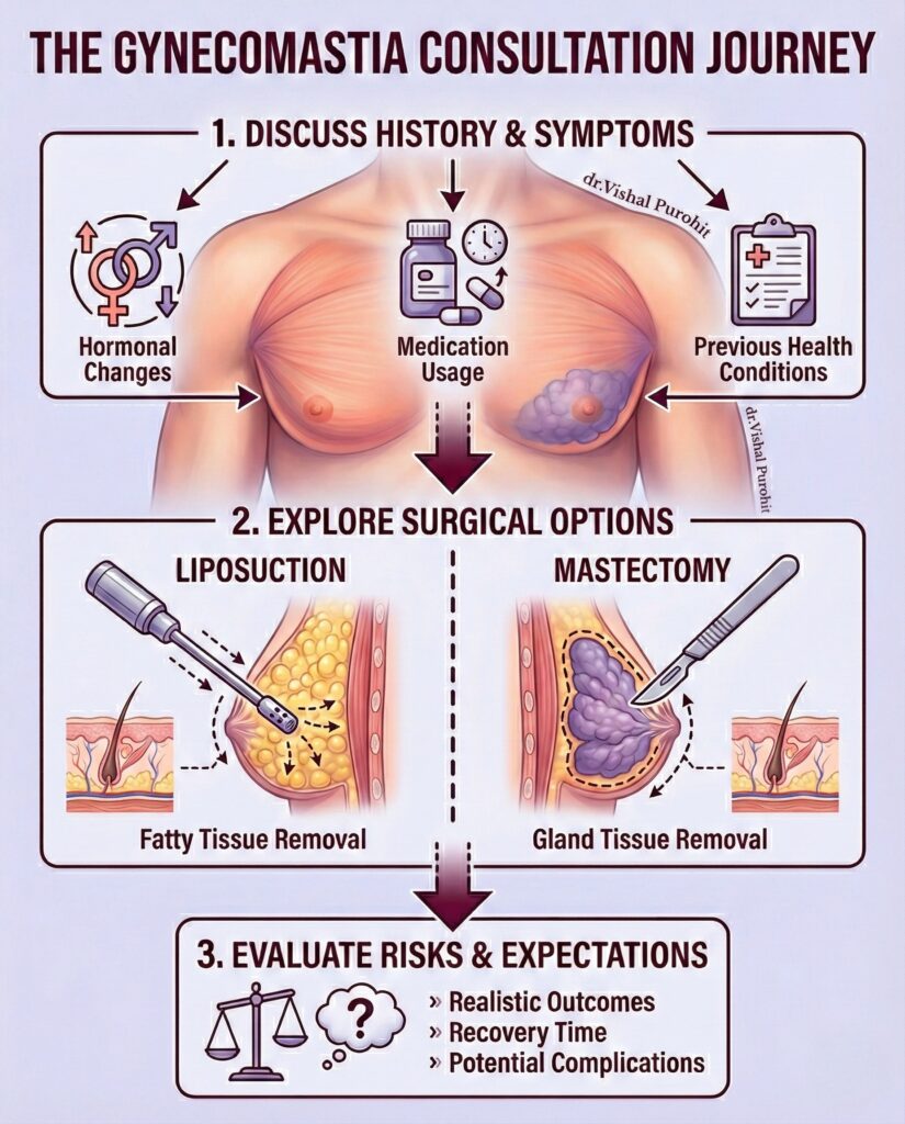 Gynecomastia surgery consultation infographic illustrating liposuction and gland removal options for male chest reduction.