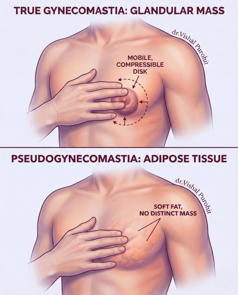Dr. Vishal Purohit illustrates the diagnosis of true glandular gynecomastia versus fatty pseudogynecomastia.